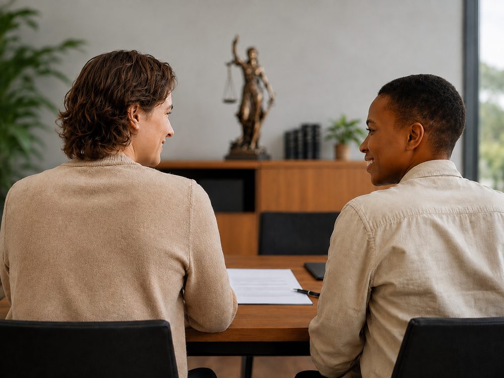 Twee vrouwen zitten naast elkaar aan tafel en kijken elkaar lachend aan. Voor hen ligt een document met een pen. Op de achtergrond staat een beeldje van vrouwe Justitia.